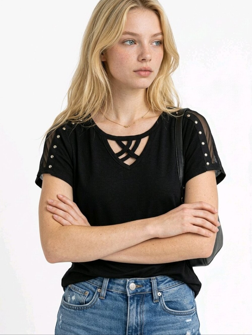 Scarlett Black Top with Mesh and Stud Details